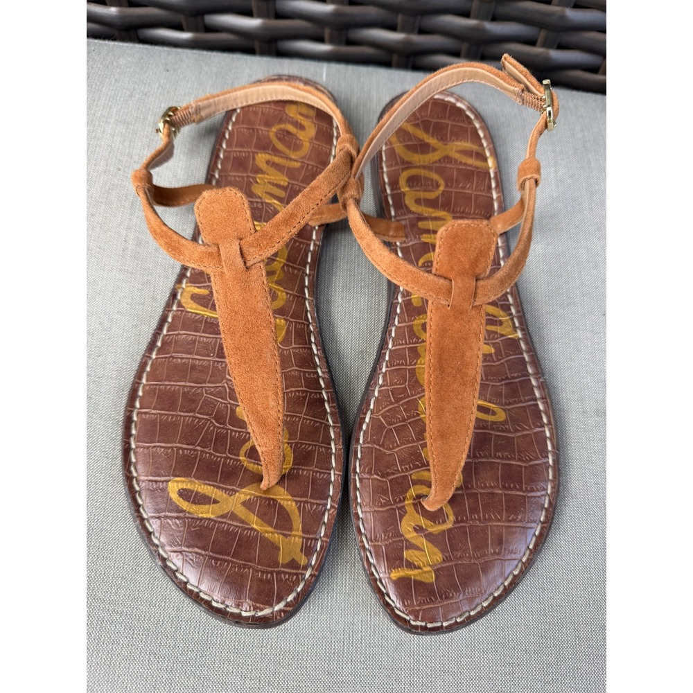 Sam Edelman Gigi Brown Suede Croc Embossed T-Strap Flat Sandals Womens 8